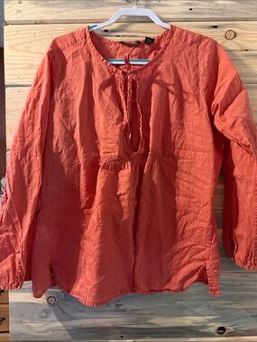 Eddie Bauer Orange Peasant Tie-Neck Blouse